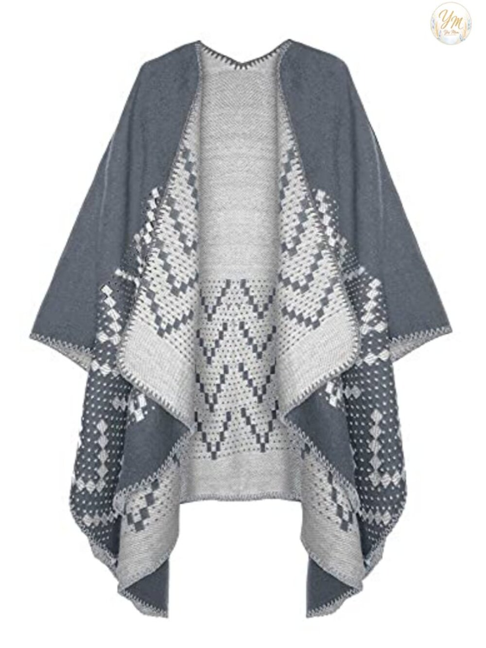 Womens Color Block Open Front Poncho Shawl Wrap Cape Ruana Whipstitch Reversible